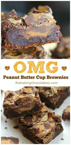 peanut butter cup brownies stacked on top of each other with the title overlay