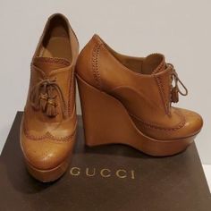 Great Condition. Normal Fading On Leather And Some Scuffs On The Bottom Soles. Luxury Heels With Brogue Detailing And Round Toe, Designer Brown Heels With Leather Sole, Designer Gucci Brown Heels, Designer Brown Heels With Almond Toe, Gucci Round Toe Calf Leather Heels, Gucci Calf Leather Heels With Round Toe, Gucci Calf Leather Round Toe Heels, Gucci Brown Heels, Luxury Brown Gucci Heels