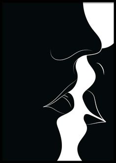 a black and white poster with the shape of two people kissing in front of each other