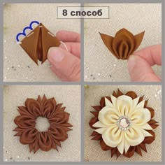 four pictures showing how to make an origami flower with ribbon and paper flowers