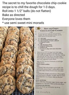 chocolate chip cookies are on a cooling rack and next to the recipe for each cookie