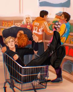 a shopping cart filled with people sitting in it