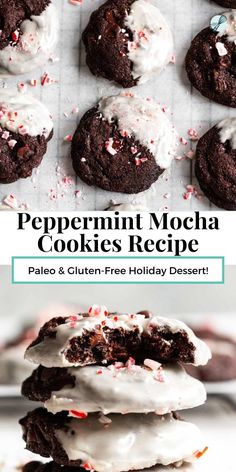 chocolate peppermint mocha cookies with white frosting and sprinkles