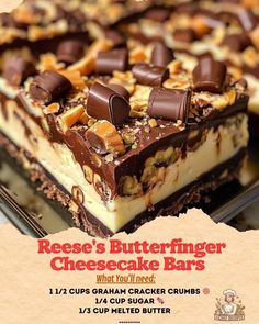 an advertisement for reese's butterfingered cheesecake bars with chocolate and nuts