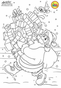 santa claus carrying presents on his back in the snow with birds flying around him, coloring page