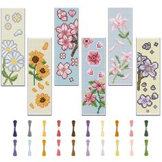 cross - stitch bookmarks with different designs and colors are shown in the same row