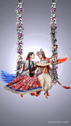 two people are sitting on a swing made out of flowers and chains, one is holding the other's arm