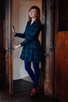 Pattern of this dress is really pretty, as is the style. And I love all the colors. Blue Tights Outfit, A Clothes Horse, Blue Tights, Zooey Deschanel, Clothes Horse, Looks Style, Plaid Dress