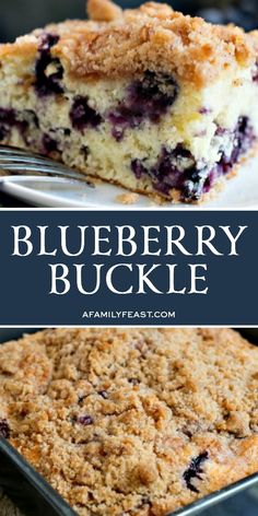 blueberry buckle cake is cut in half and served on a plate