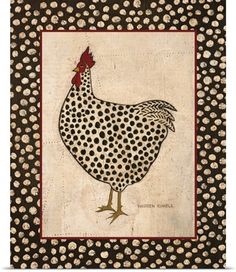 a painting of a chicken with black and white dots on it's back ground