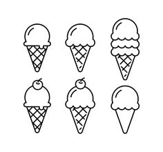 six ice cream cones with different toppings in black and white, on a white background