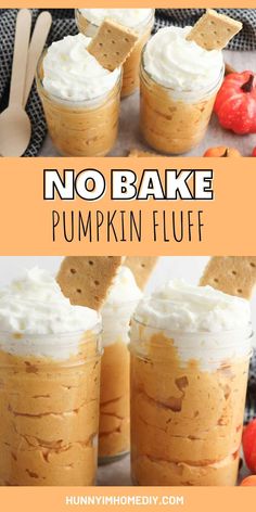 no bake pumpkin fluff in mason jars with graham crackers and whipped cream