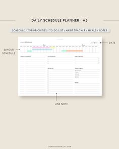 the daily schedule planner is shown in white and has lines on each side, along with dates