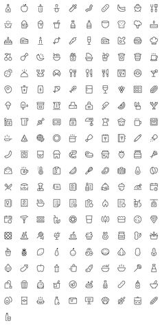 a large set of food and drink related icons in thin line style, all on separate layers