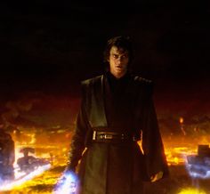 the star wars character is standing in front of a city at night with bright lights