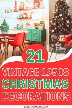 an old fashioned christmas tree in the living room with red chairs and green tablecloth