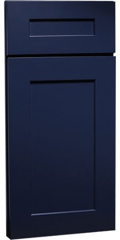 a blue cabinet with two doors and one drawer on the bottom, against a white background