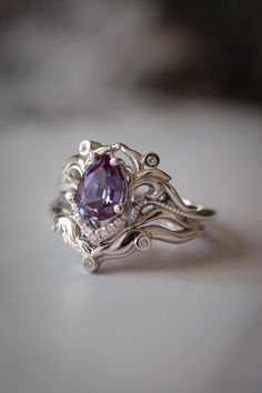 Alexandrite Engagement Ring Set Lab Alexandrite Diamond Ring - Etsy Nature Inspired Wedding Bands, Stylised Flowers, Fantasy Ring, Future Engagement Rings, Two Rings, Alexandrite Engagement Ring, Alexandrite Ring, Diamond Engagement Ring Set, Bridal Bands