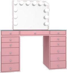 a pink vanity with a mirror and lights on it's sides, in front of a white background