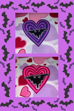 two hearts with bats on them are shown in purple and pink colors, one is shaped like a bat