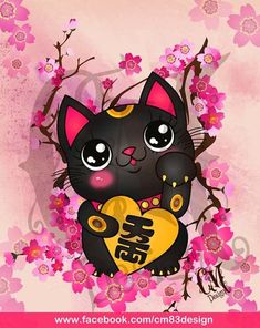 a black cat holding a yellow heart on top of a tree with pink flowers in the background