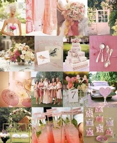 a collage of pink and white pictures with flowers, umbrellas, dresses, and other items