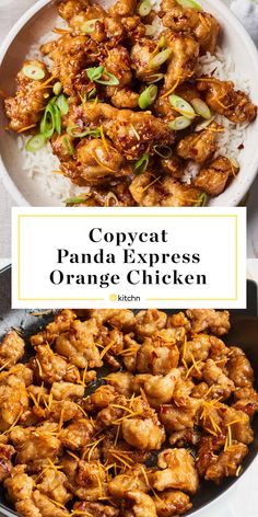 orange chicken in a pan with rice and garnish