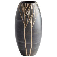 a black vase with some brown branches in it