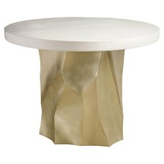 a round table with white marble top and gold leaf decoration on the base, against a white background