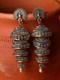 Black & Gold-Plated Enamelled Dome Shaped Jhumka Drop Earrings VitansEthnics Desi Vibes, Aesthetic Jewellery, Classy Lifestyle, Jhumka Designs, Pinterest Jewelry, Oxidised Earrings, Oxidised Silver Jewelry, Indian Jewelry Earrings, Wedding Necklace Set