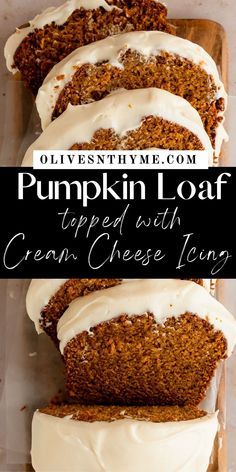 pumpkin loaf topped with cream cheese icing