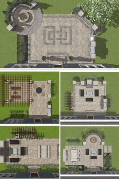 four different views of a house from the top down to the bottom, and below