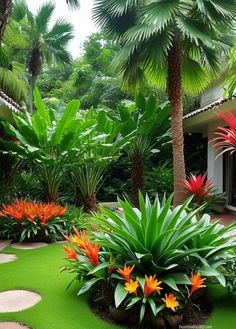 tropical garden with palm trees and colorful flowers