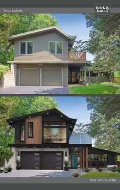 two story house plans with garages and living quarters in the front, side and back views