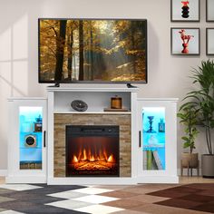 an entertainment center with a fireplace and television