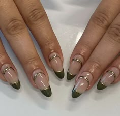 Olive Tip Nails, Olive Green Acrylic Nails Designs, Capricorn Nail Art, Olive Green Acrylic Nails, Two Tone Nail Designs, Olive Nail Designs, Nails Olive Green, Xv Nails, Nails Olive