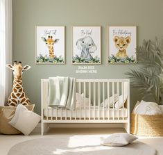 a baby's room with three pictures on the wall and a giraffe