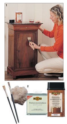 an image of a woman painting furniture with paint and brushes on the floor next to it