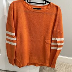 360 Sweater Gorgeous Orange Sweater With White Accents On Sleeve Nwot Size M Slits On The Side, Lays Nicely Orange Striped Sweater, Crochet Orange, Orange Sweater, Orange Sweaters, White And Orange, Colour Combinations, White Accents, Striped Sweater, Cashmere Sweater