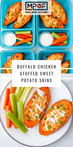 buffalo chicken stuffed sweet potato skins on a plate with carrots and celery