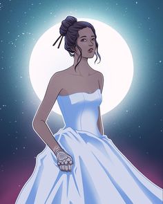 a drawing of a woman in a white dress with her hand on her hip and the moon behind her