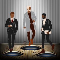 three men in suits standing on top of a wooden floor