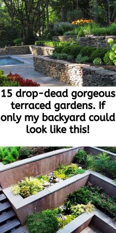 an outdoor garden with lots of plants growing in it and the words, 15 drop - dead gorgeous terraced gardens if only my backyard could look like this