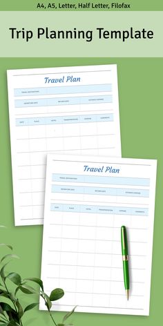 two travel plan templates sitting next to each other on top of a green table