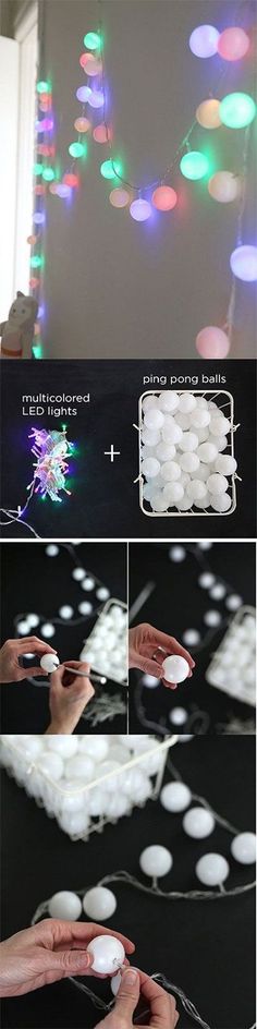 the process of making lights with cotton balls and string, is shown in three different stages