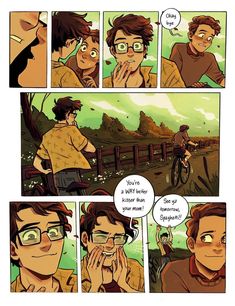 a comic strip with an image of a man on a bike talking to another person