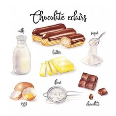 the ingredients for chocolate eclairs are shown in this watercolor drawing, including butter, eggs, sugar and milk