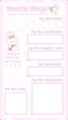 a pink sheet with an image of a bunny in the corner and text that says, my fav colors