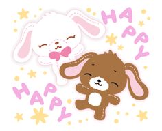 a brown bunny and a white rabbit are hugging each other's heads in front of the words happy