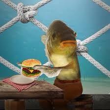 a fish that is eating a burger on a table